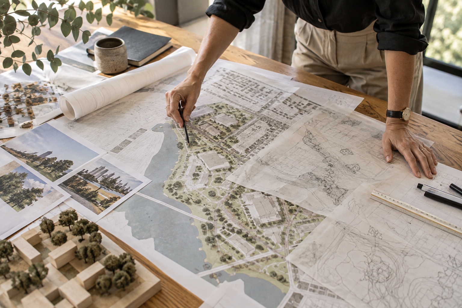 Planner reviewing a detailed site masterplan